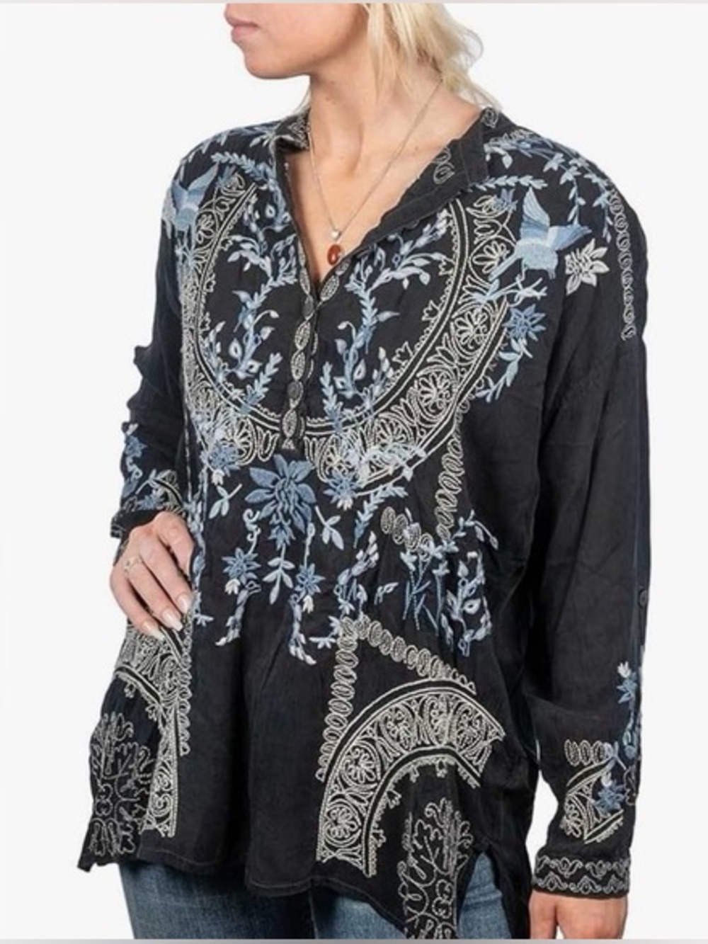Johnny Was Alessa Tunic Black Blue Embroidered Blouse Size Medium